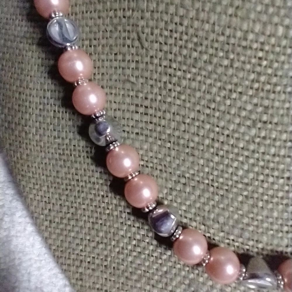 Silvertone pink beaded crystal cross necklace christian catholic religious